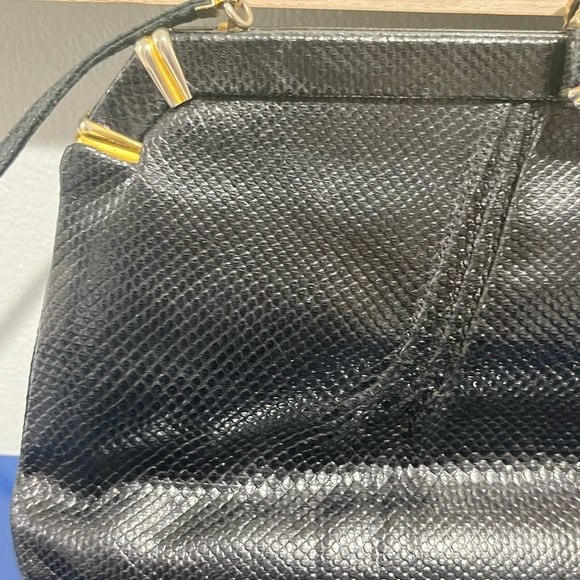 Judith Leiber Leather Snakeskin Reptile Bag Purse Clutch Black Gold Vintage 80s - Picture 3 of 12